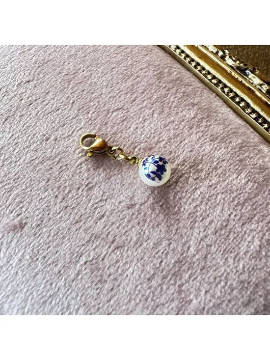18K PVD Gold White Glass Bead Charm With Blue Floral Print & Gold Lobster Clasp - Picture 11 of 11